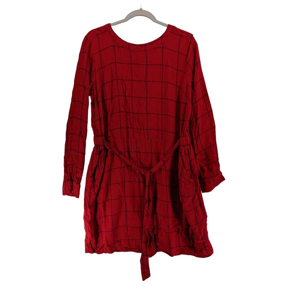 A New Day‎ Windowpane Dress XL Red Belt Tie Stretchy Waist Classic Pockets Plaid